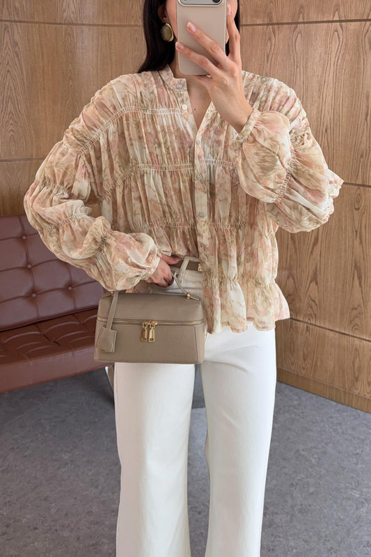 Beige Smocked Chiffon Vintage Blouse