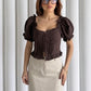 Brown Corset Waist Half Sleeve Blouse