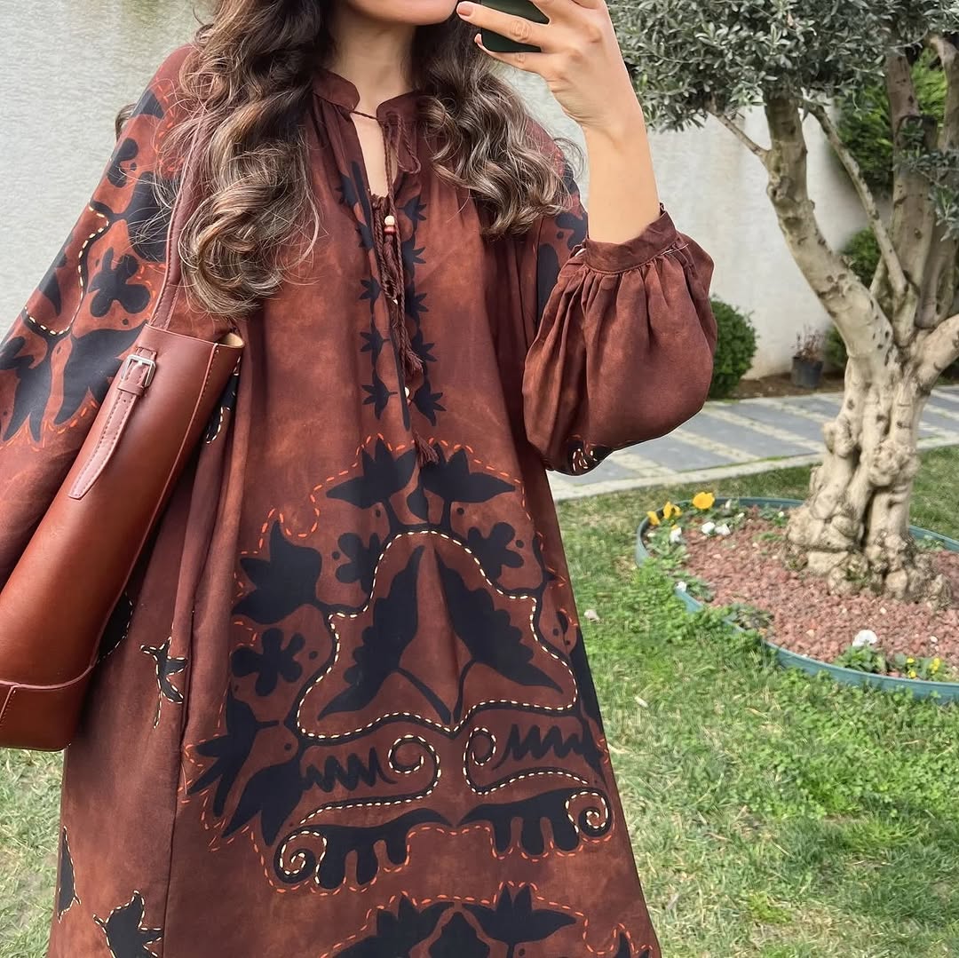 Brown X Black Boho Dress With Tassels & Pockets