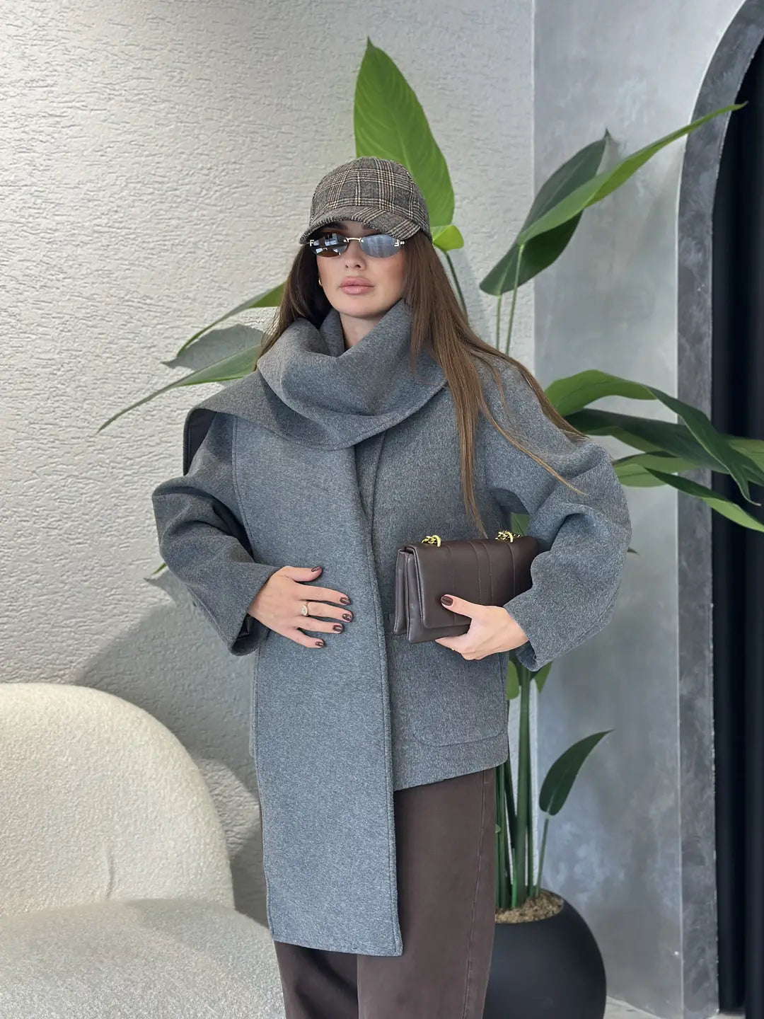 Grey Wool Jacket With Pockets & Detachable Scarf