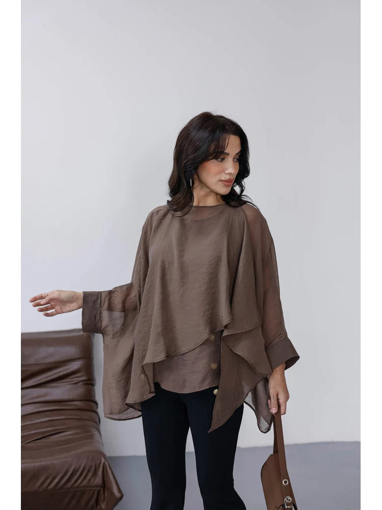 Brown Chiffon Cape Blouse