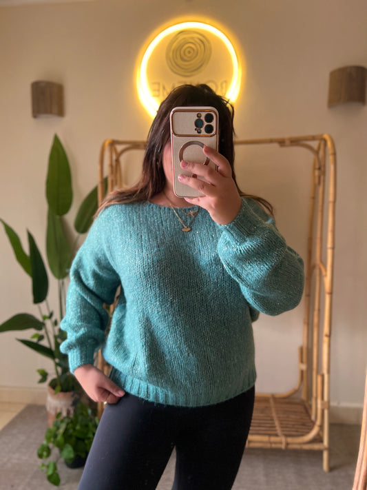 Turquoise Mohair Pullover With Silver Threads
