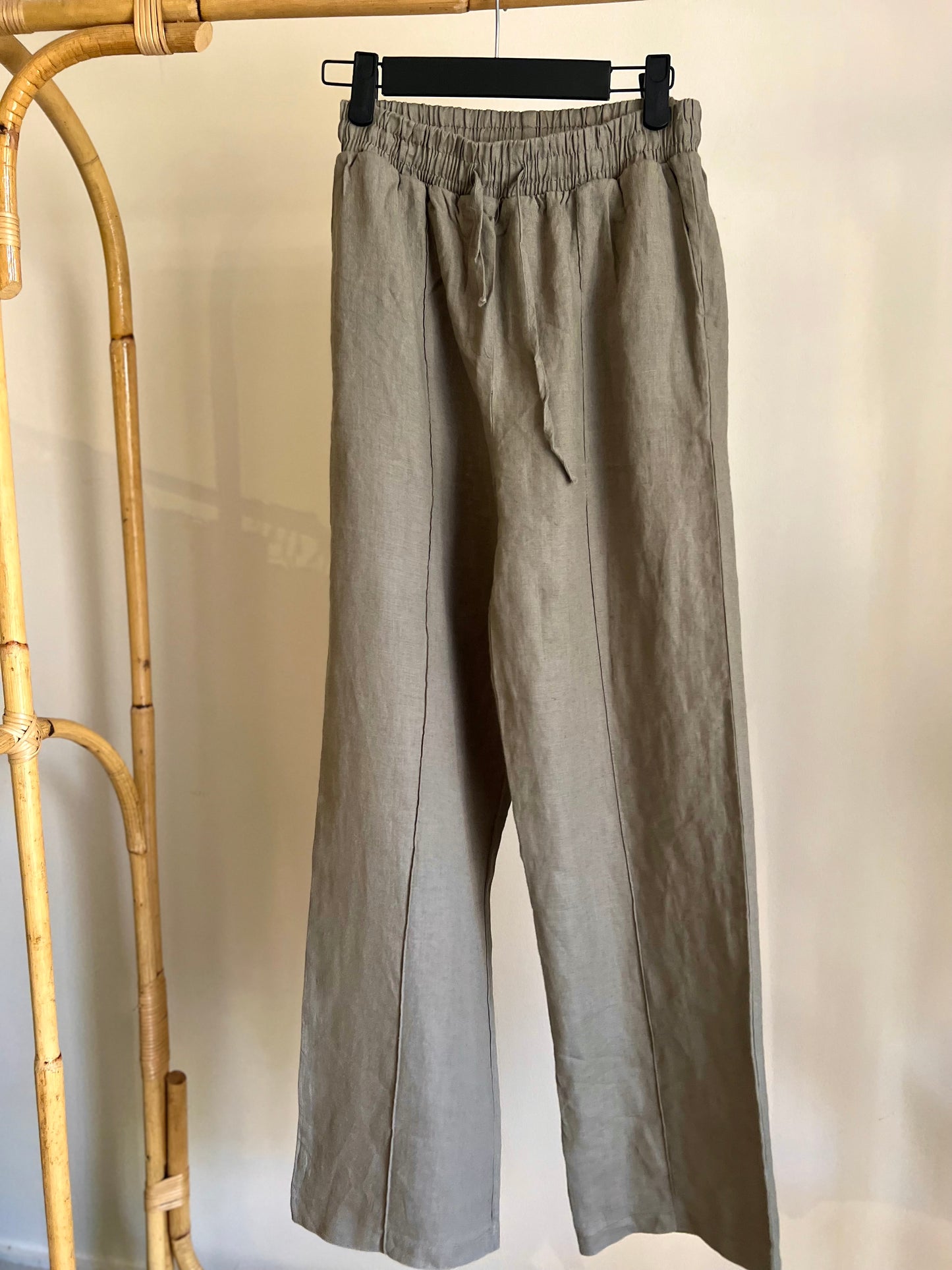 Premium Khaki Linen Straight Leg Pants With Elastic Wais