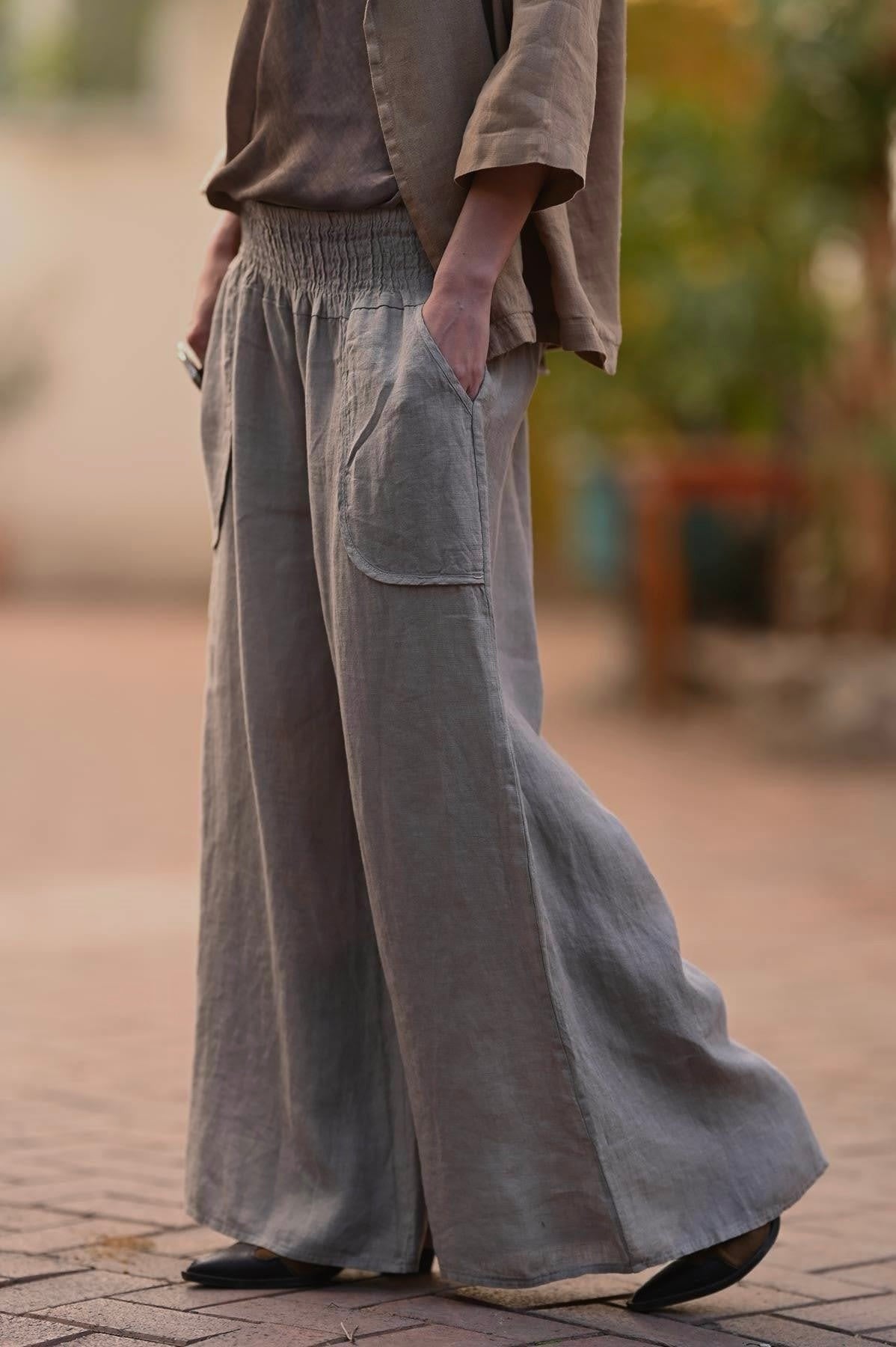 Italian Grey Linen Wide Leg Pants With Elastic Waist