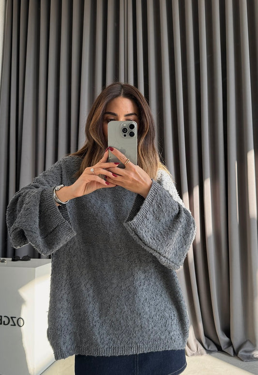 Grey Round Neck Stitch Pullover