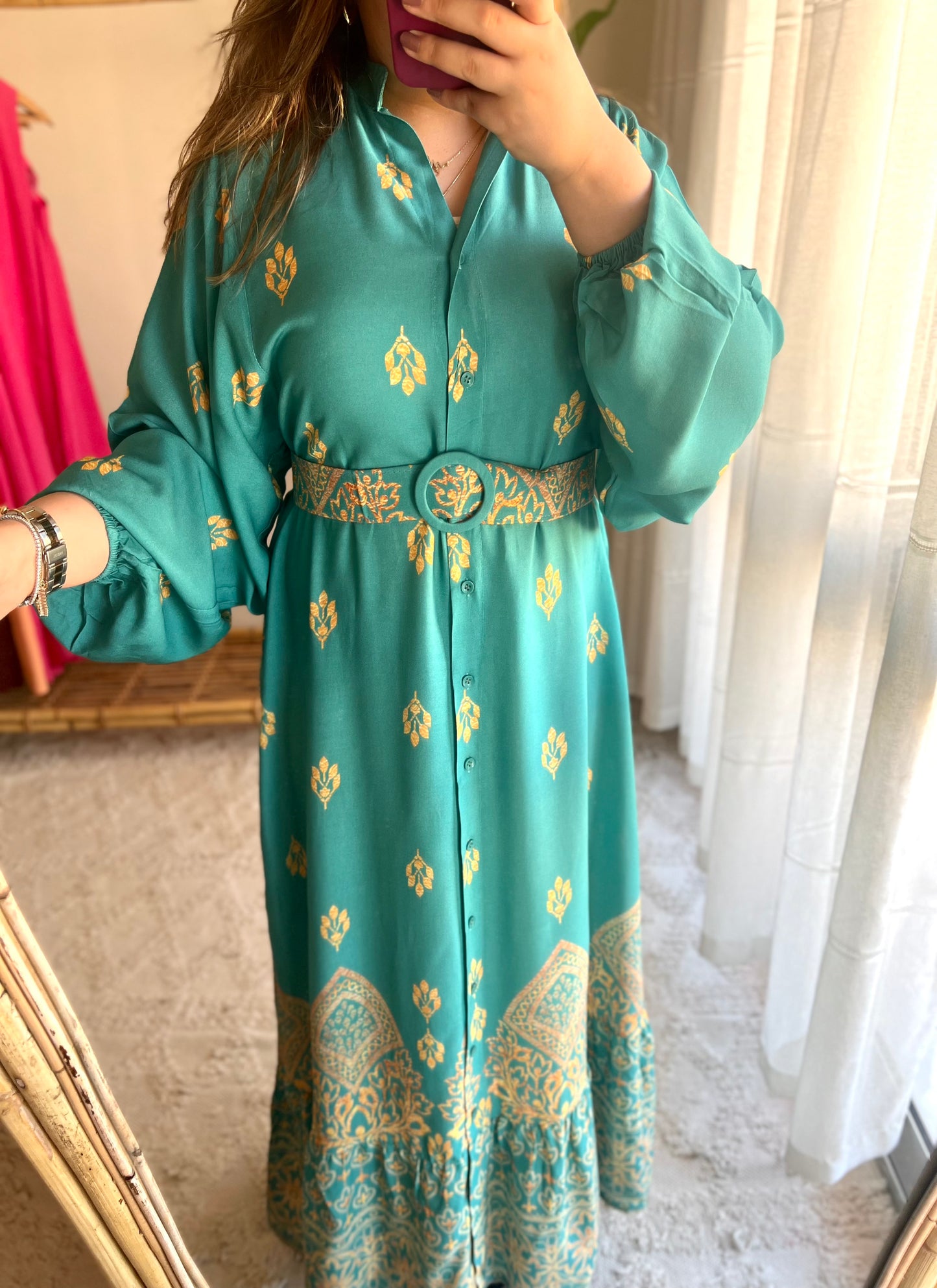 Turquoise X Golden Pattern Belted Dress