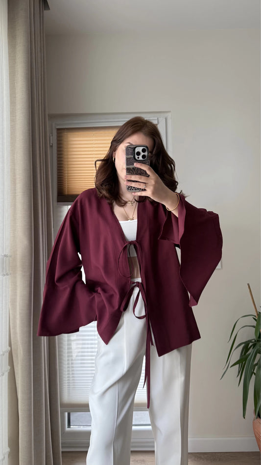 Burgundy Linen Kimono With Front Ties & Bell-Sleeves