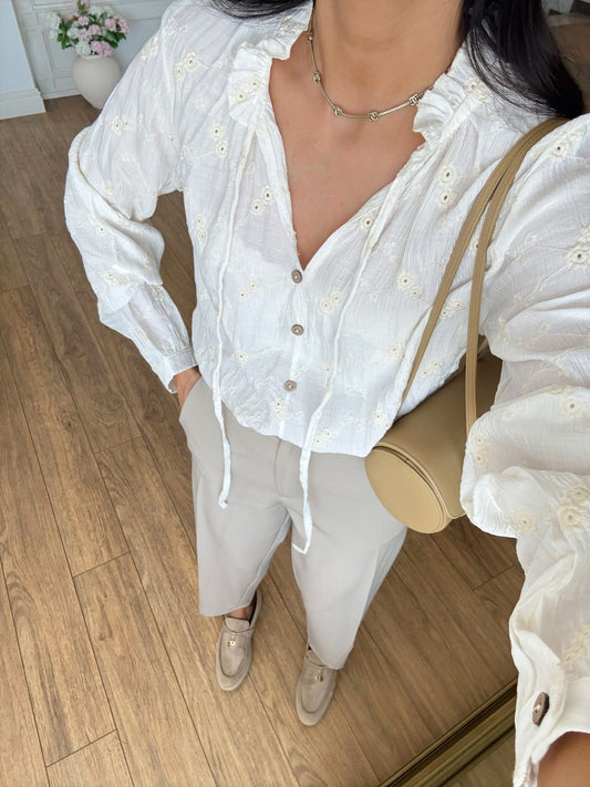 White Cut Out Embroidered Blouse