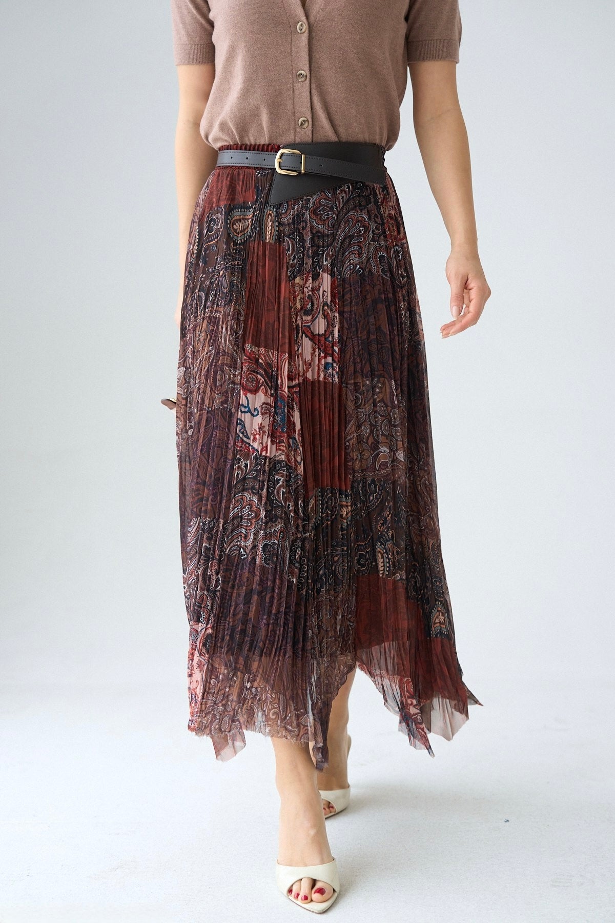 Boho Patchwork Asymmetrical Chiffon Skirt With Leather Belt