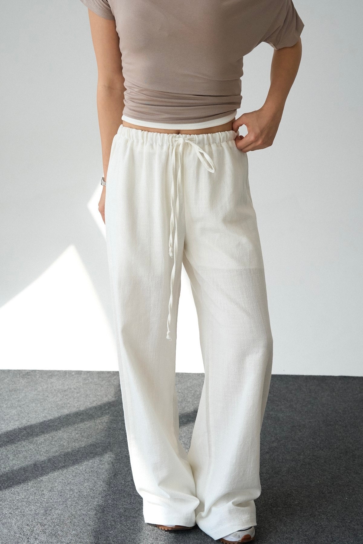 Linen White Straight Pants With Elastic Waist