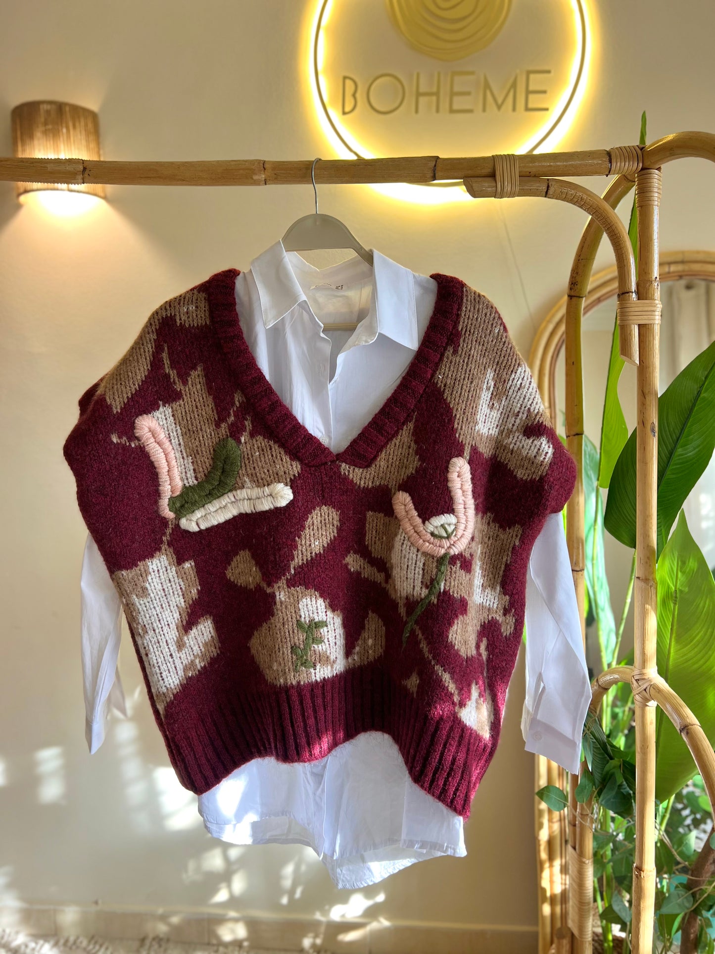 Embroidered Burgundy Multicolored V Neck Vest