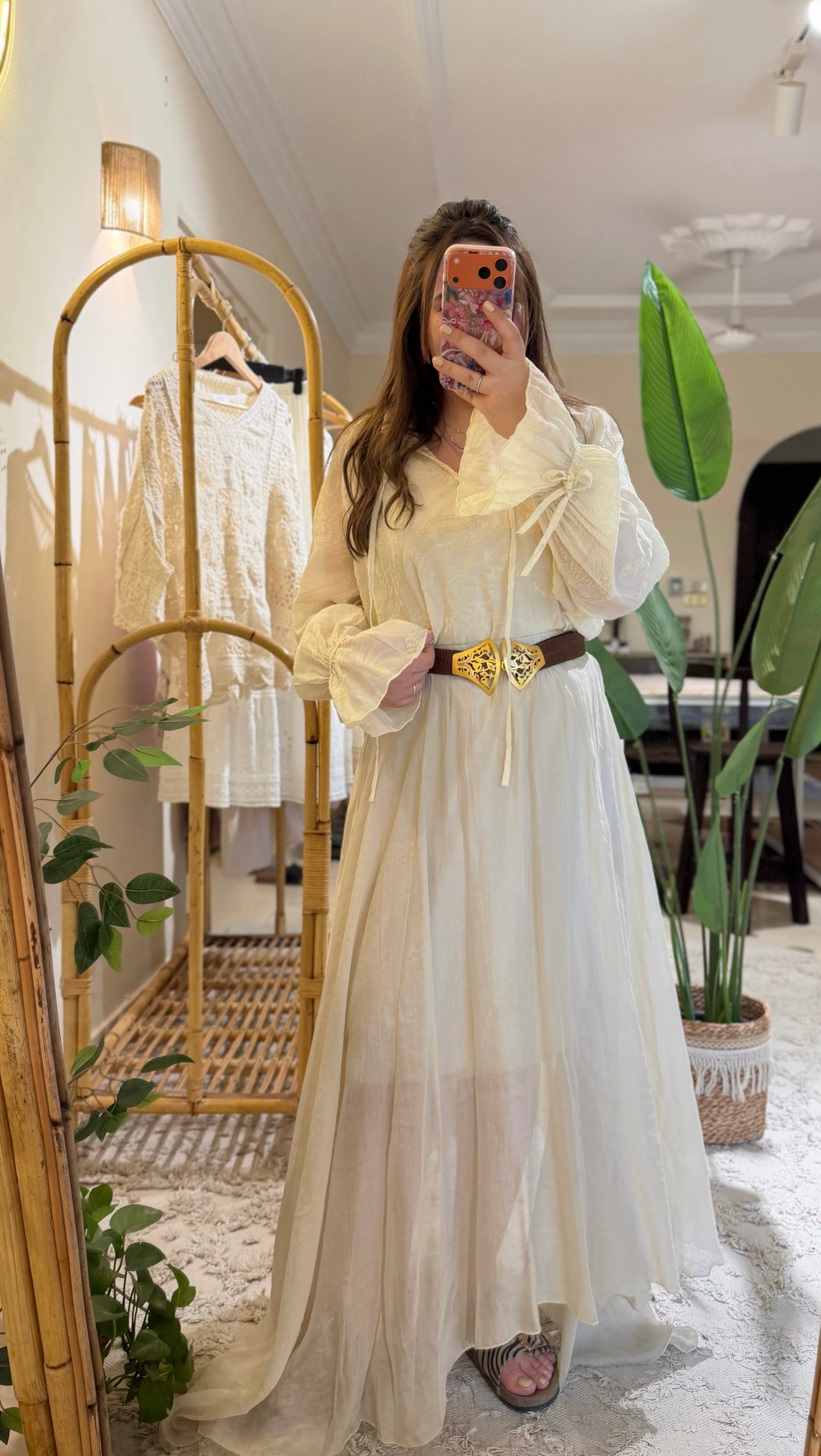 Boho Beige Embroidery Blouse With Ties