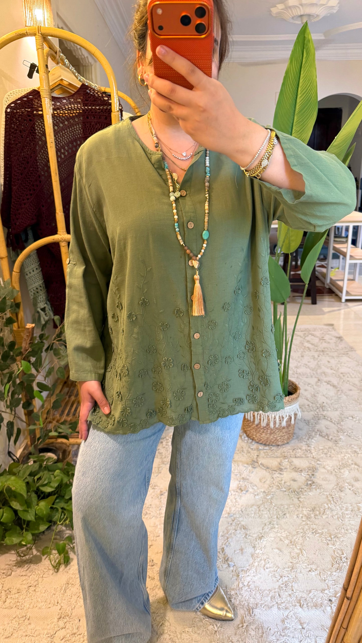 Olive Linen Textured Floral Blouse