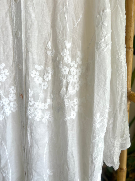White Embroidered Floral Lace Long Shirt