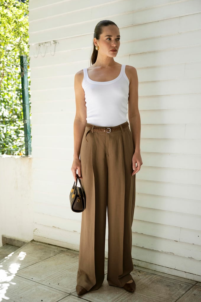 Brown Linen Pants With Leather Belt