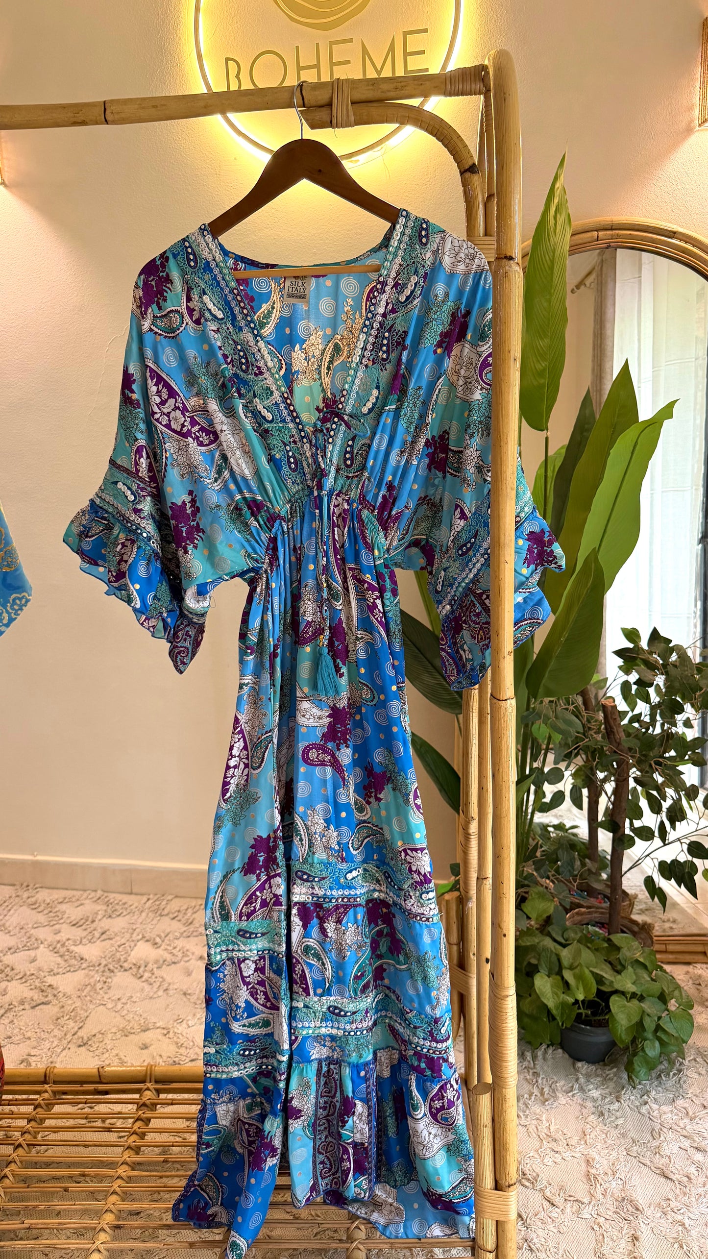 The Italian Blue Purple Paisly Dress With Embroidery & Tassels