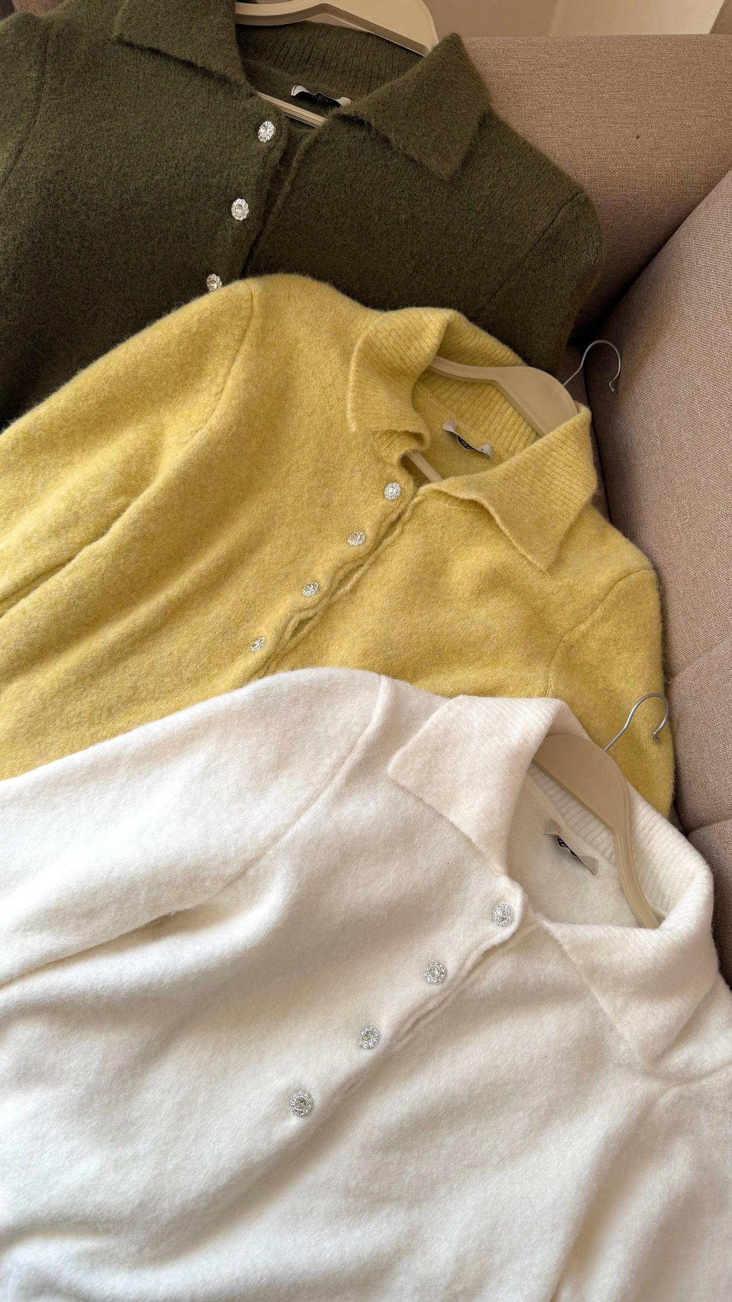 Off White Polo Pullover With Rhinestone Buttons