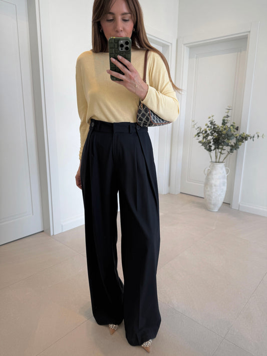 Black Classic Palazzo Pants With Double Buttons