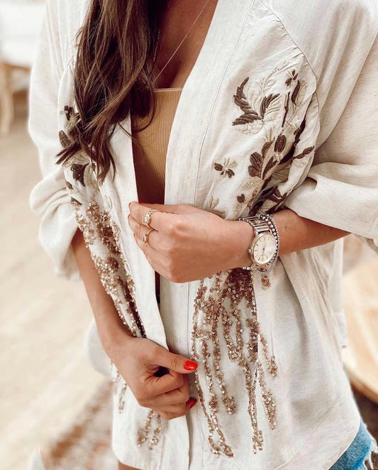 Embroidered Brown X Beige Linen Kimono