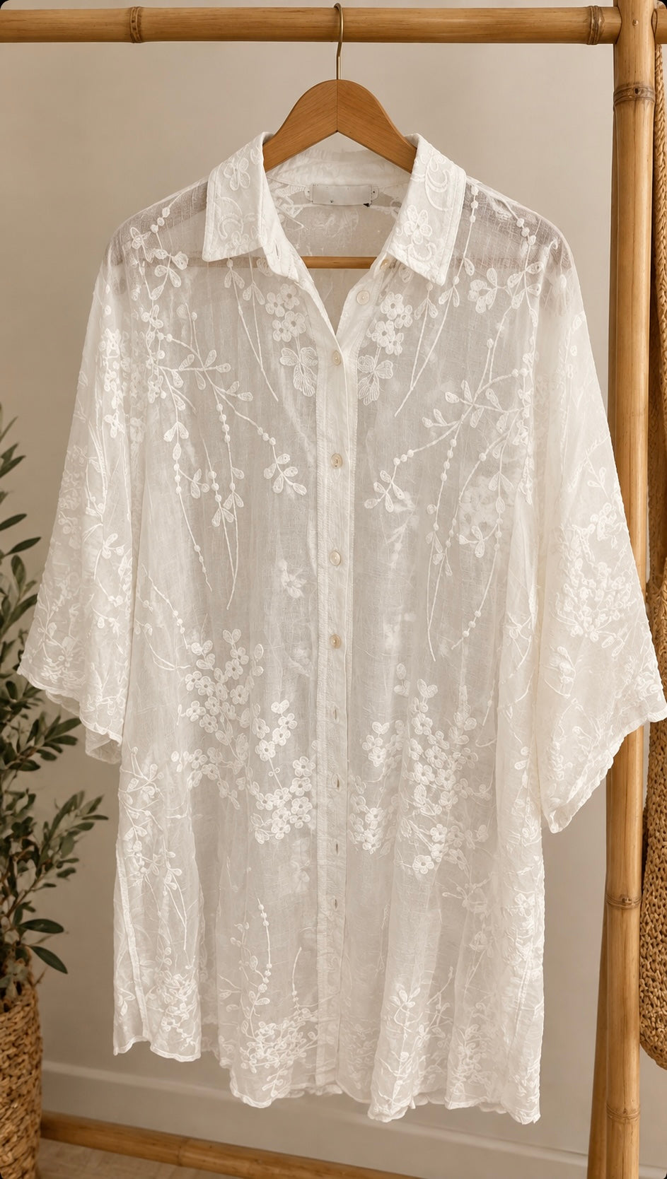 White Embroidered Floral Lace Long Shirt