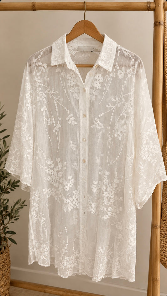 White Embroidered Floral Lace Long Shirt