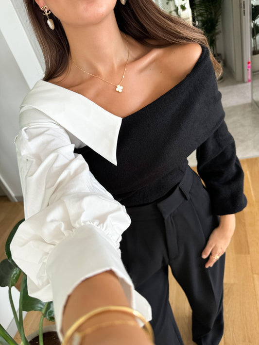 Black Off Shoulder Pullover With Shirt Sleeve