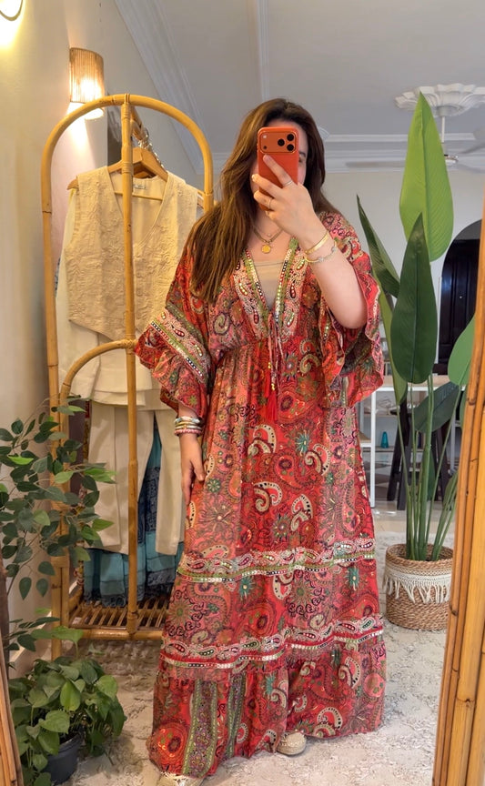 The Italian Orange Paisly Dress With Embroidery & Tassels