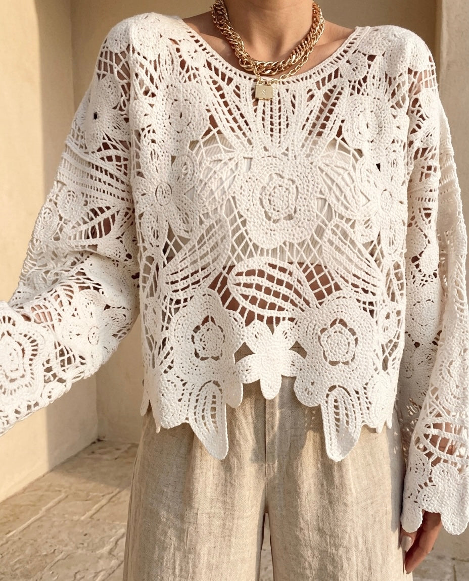 Off White Floral Crochet Blouse