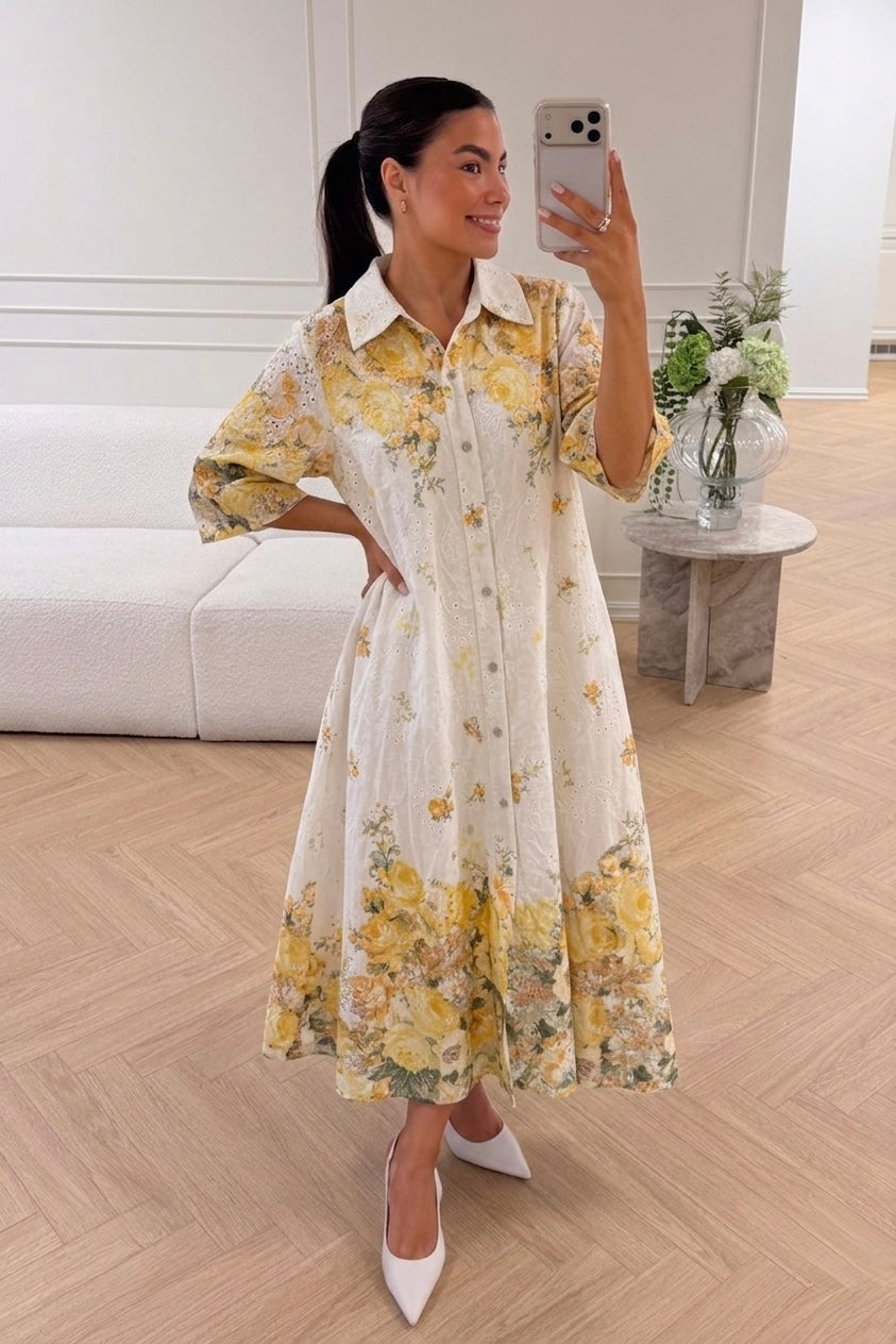 Italian Linen Cut Out Yellow Floral Dress
