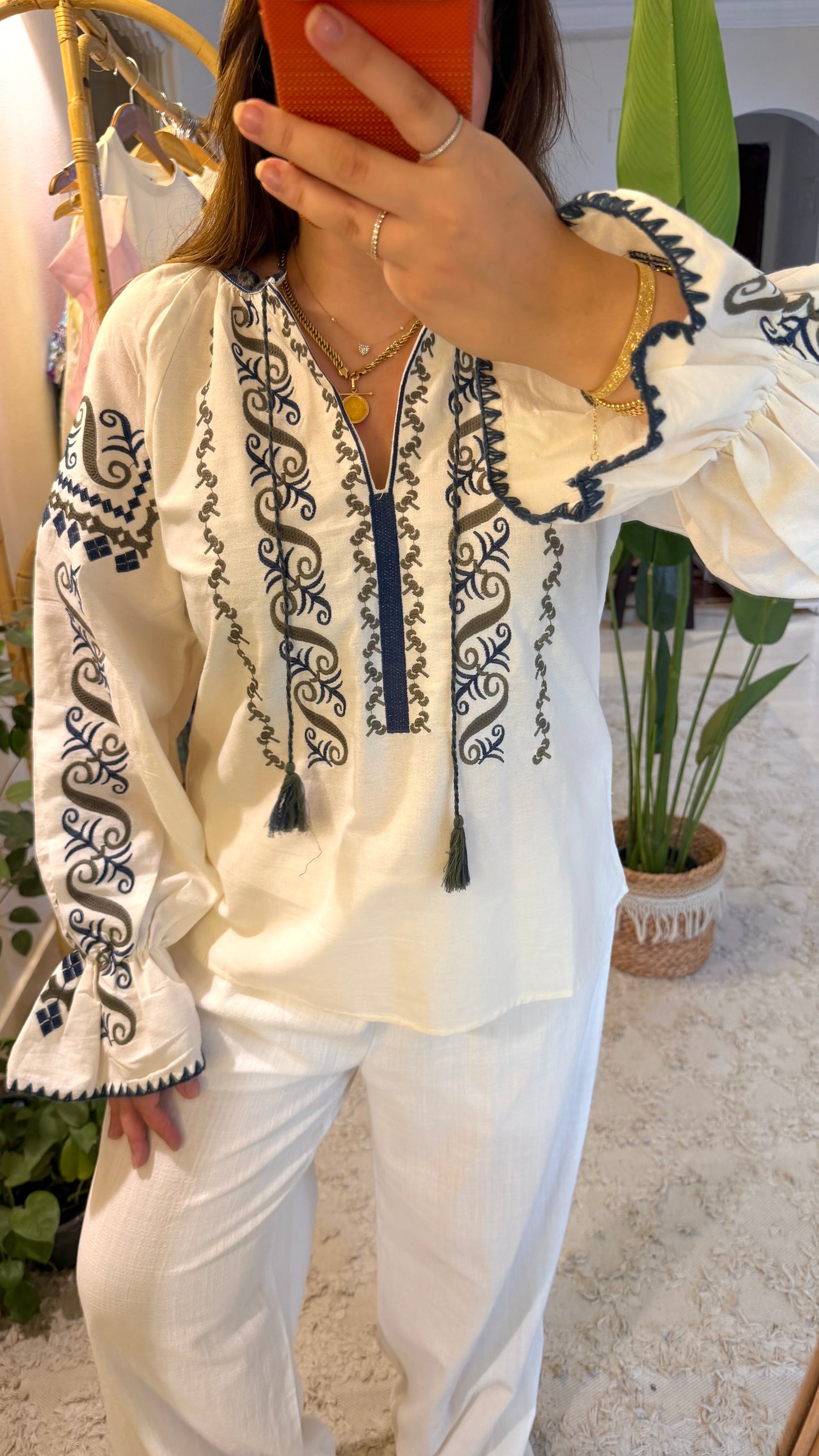 White Floral Teal Blue Embroidered Blouse