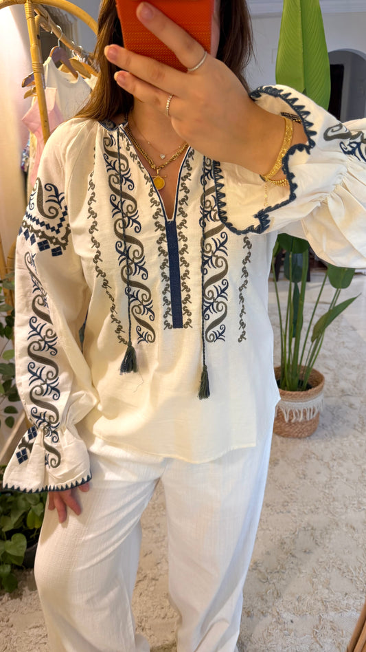 White Floral Teal Blue Embroidered Blouse