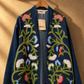 Dark Blue Floral Embroidered Denim Belted Jacket