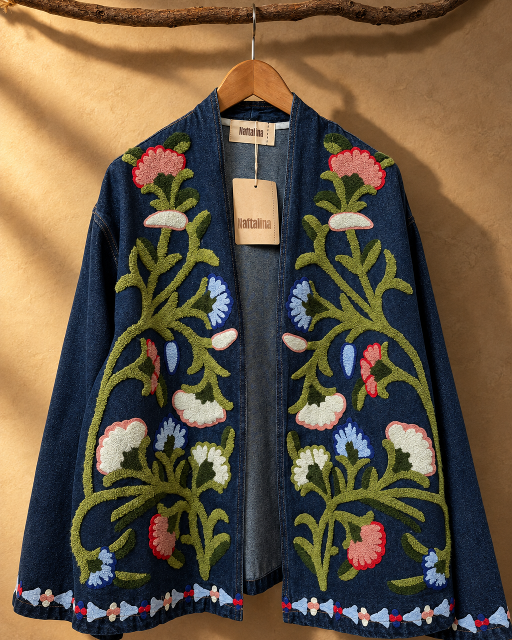 Dark Blue Floral Embroidered Denim Belted Jacket