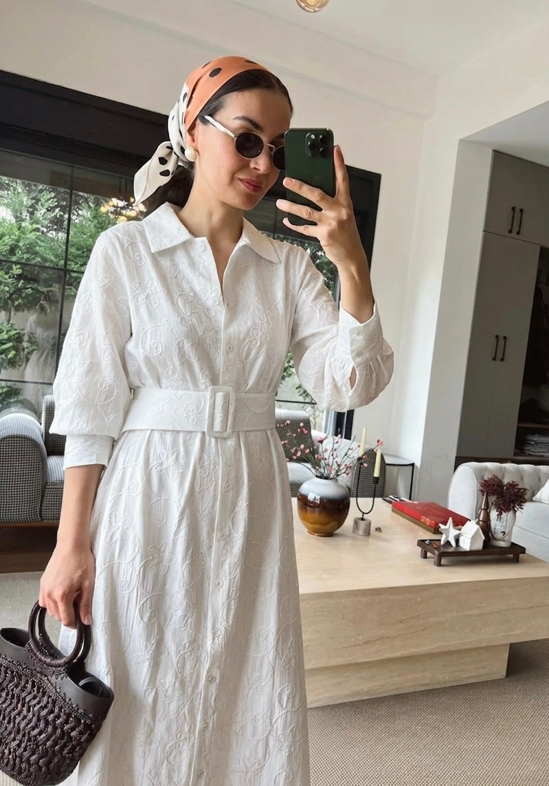 White Embroidered Floral Belted Dress