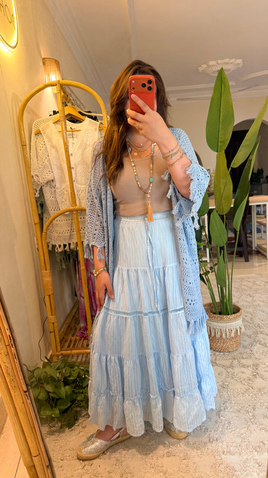 Baby Blue Crochet Tasseled Kimono