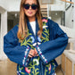 Dark Blue Floral Embroidered Denim Belted Jacket