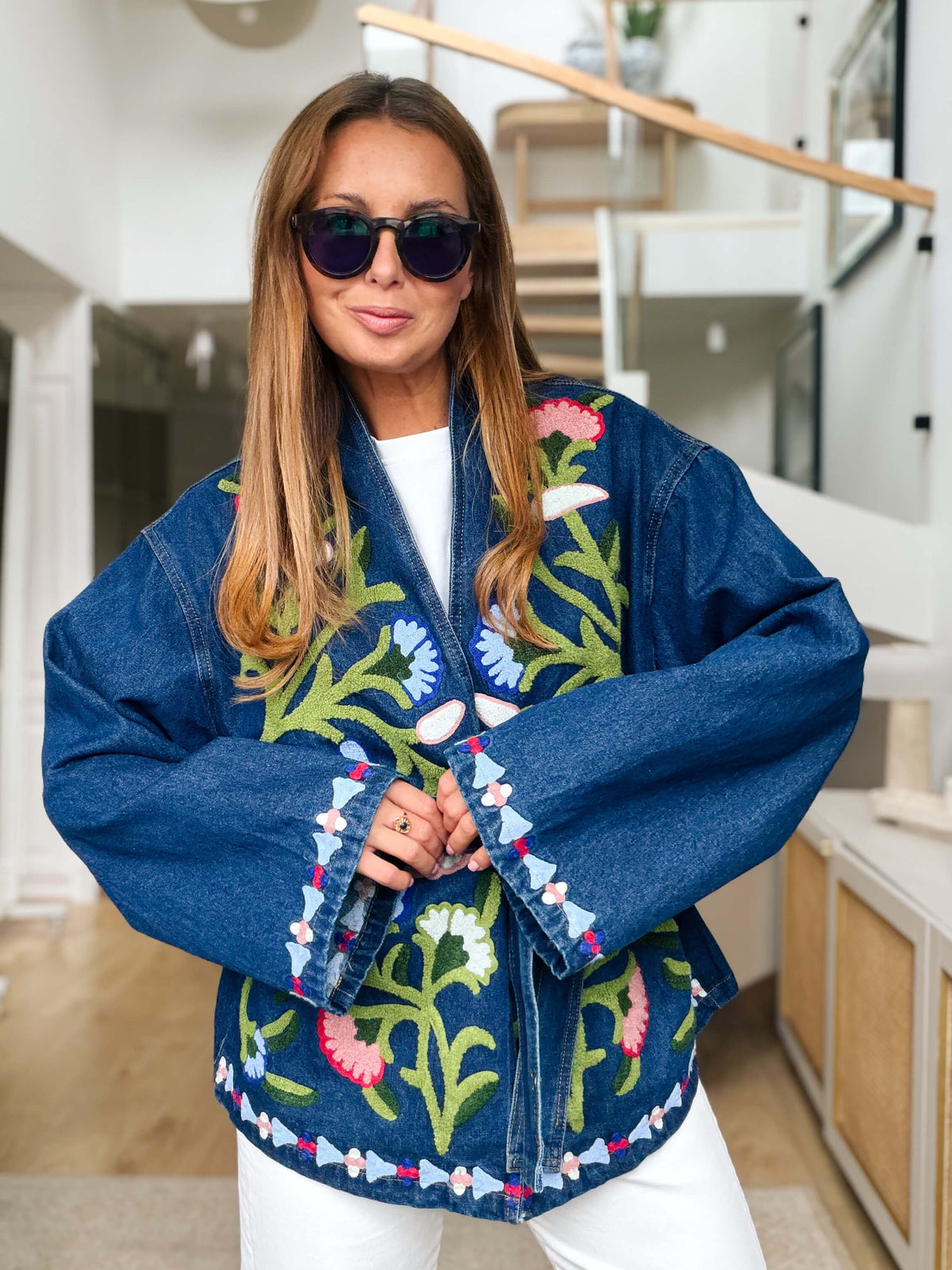 Dark Blue Floral Embroidered Denim Belted Jacket
