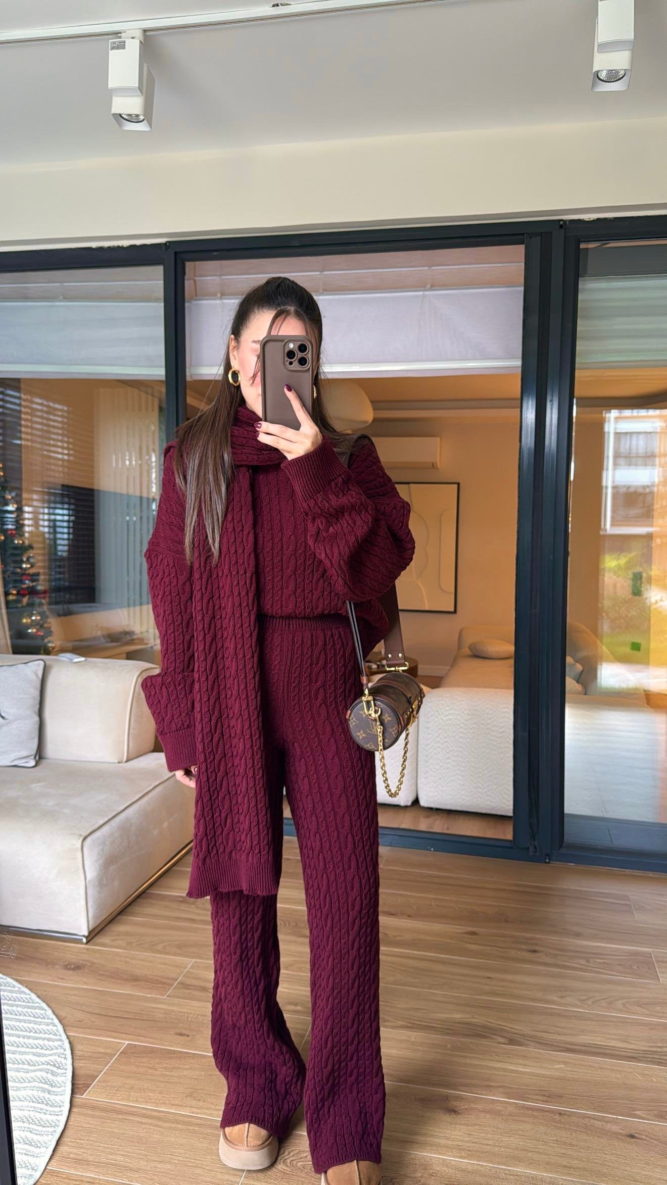 Burgundy Braided Triko Set With Scarf