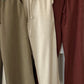 Olive Stripy Linen Straight Leg Pants With Elastic Waist