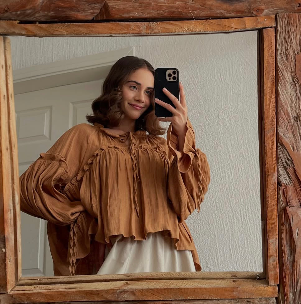 Camel Cotton Ruffle Blouse