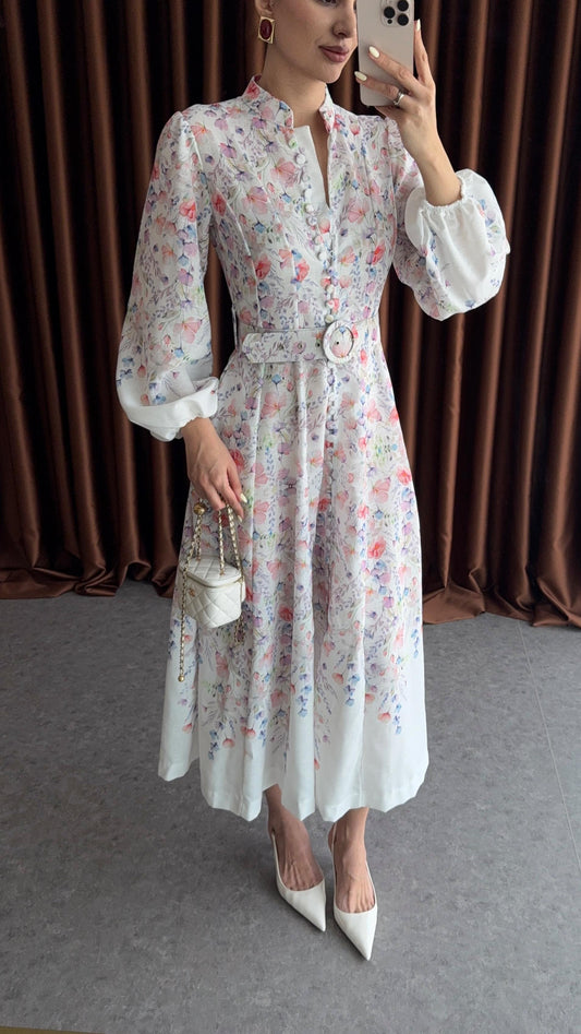 White Vintage Floral Linen Dress With Belt