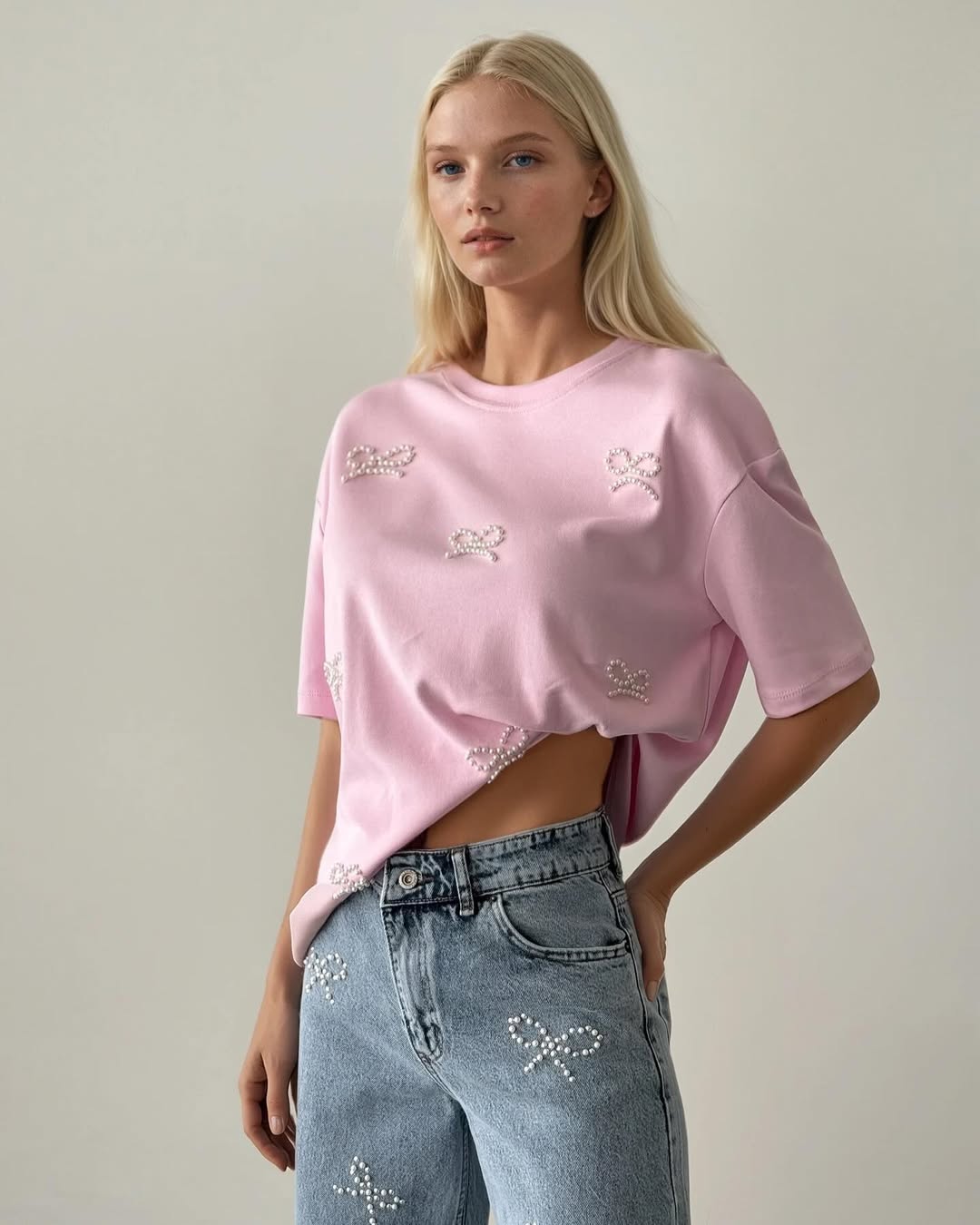 Pink Pearl Bows Emballished T-Shirt