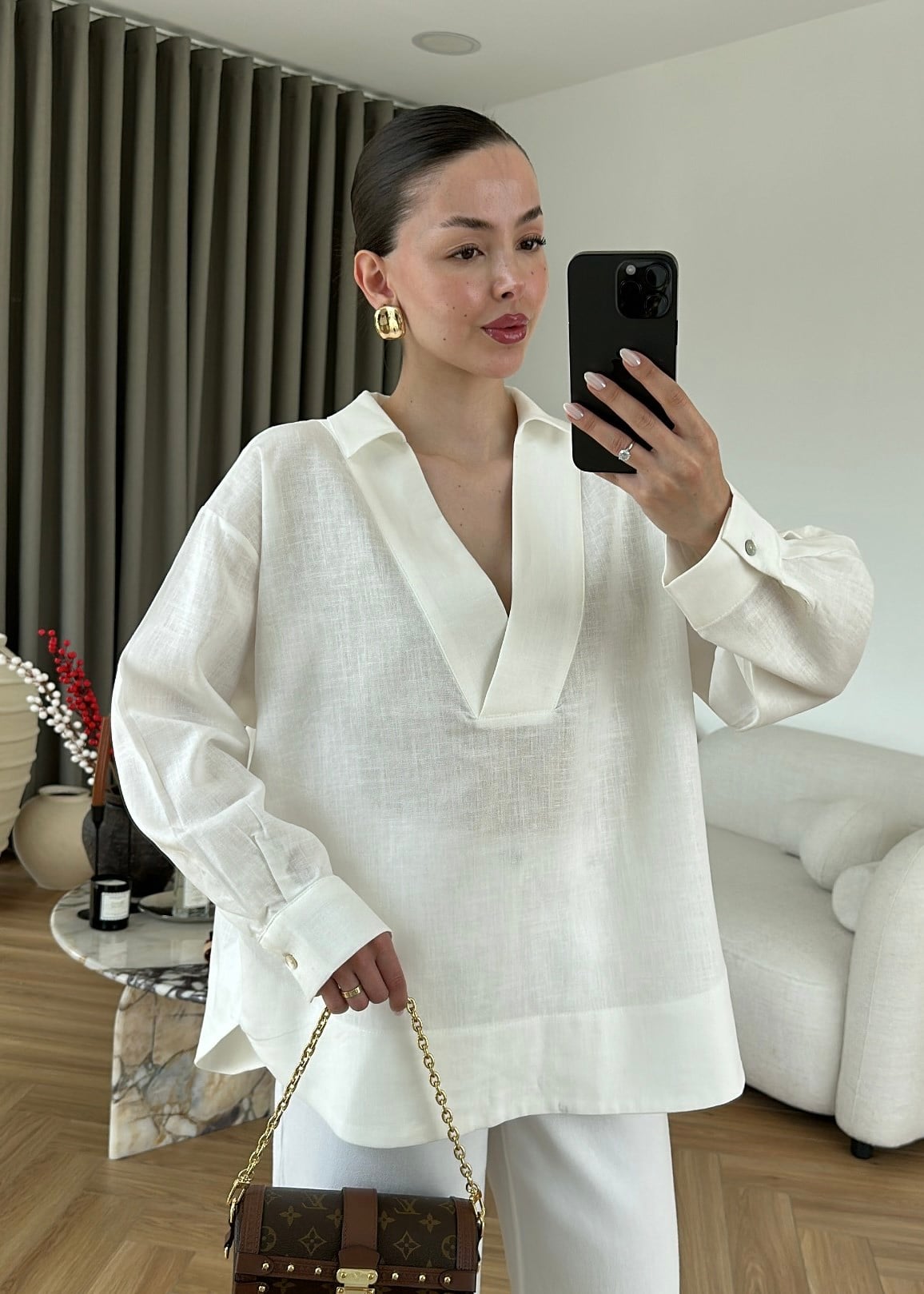 Off White Premium Linen V Neck Shirt