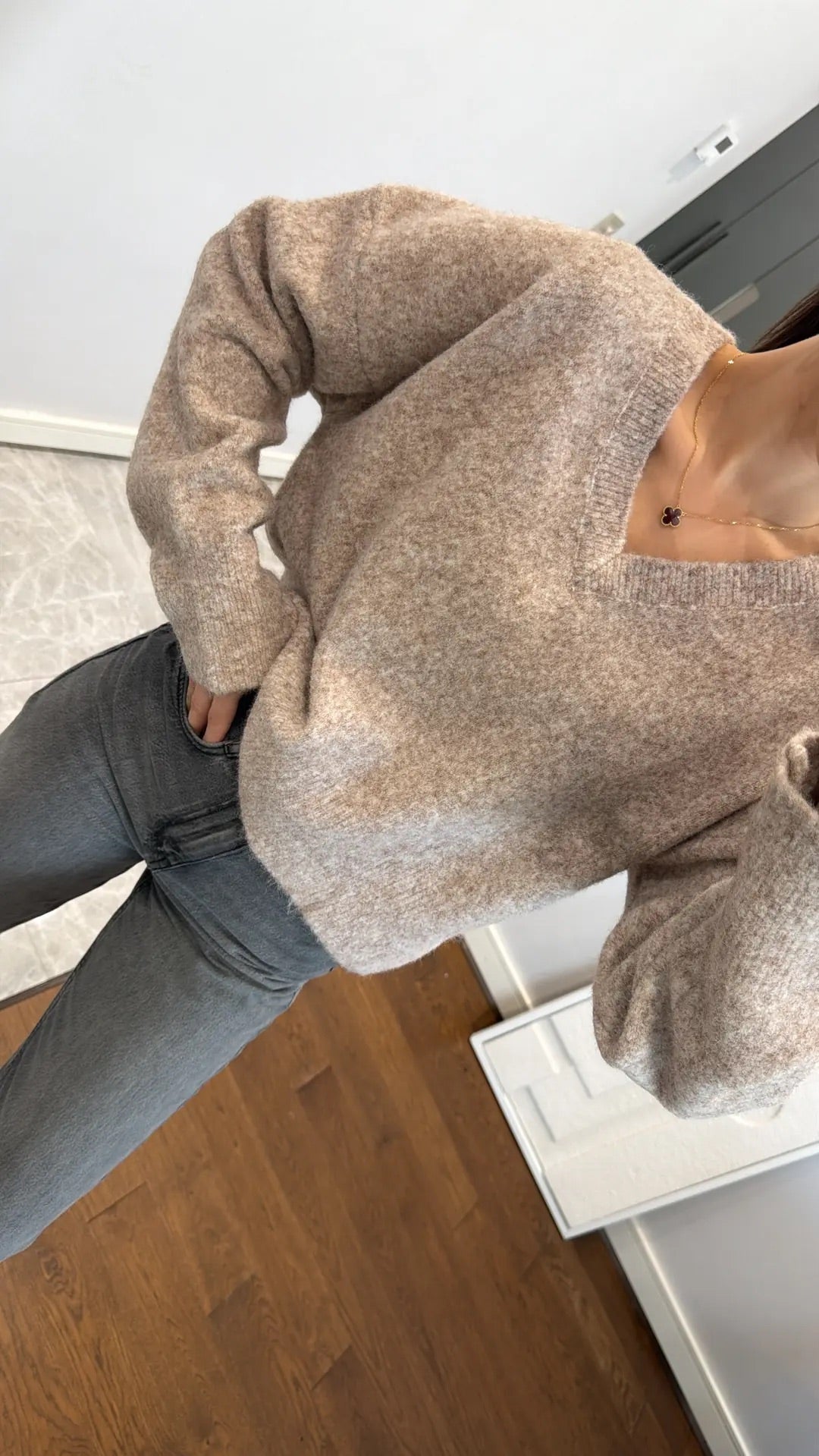 Beige V Neck Pullover