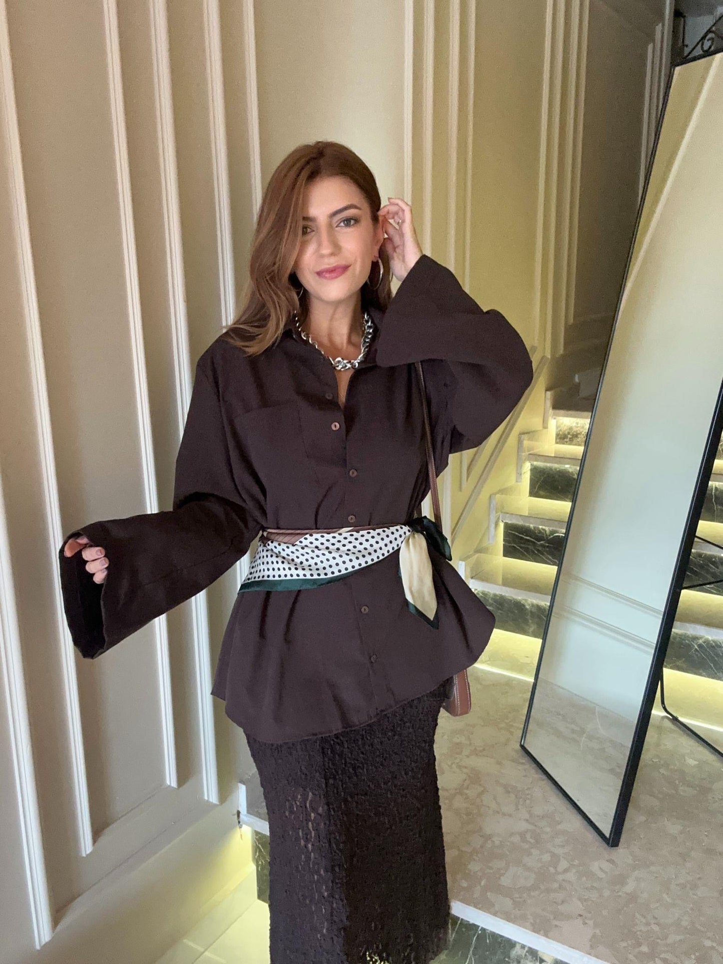 Brown Bell Sleeves Oversized Shirt