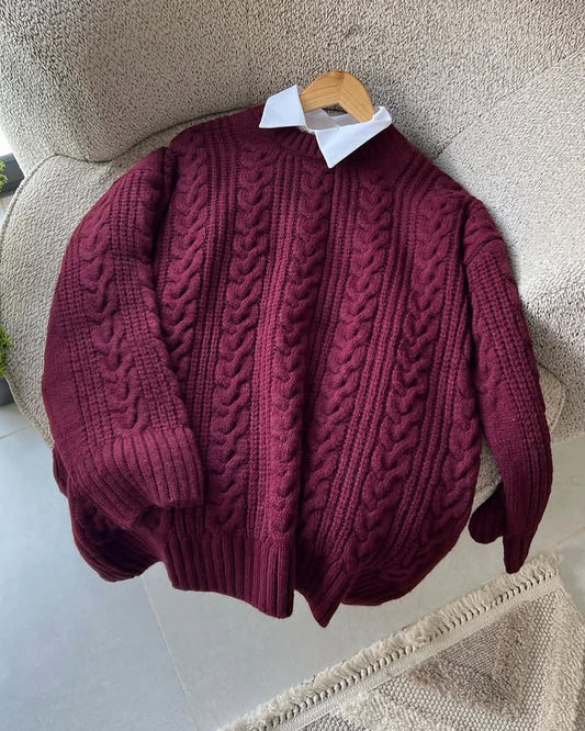Burgundy Braided Bell Sleeves Pullover