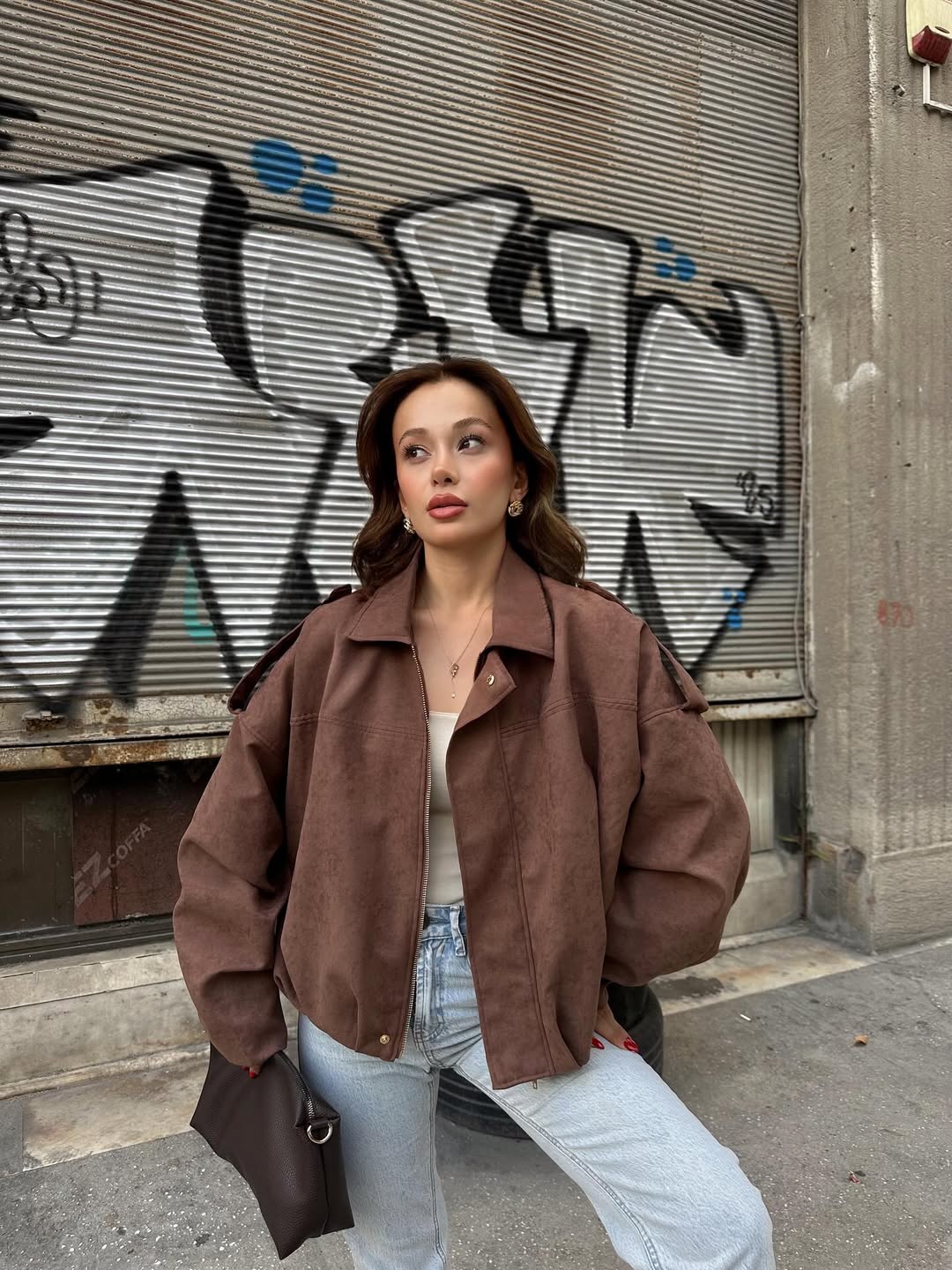 Camel Suede Jacket With Golden Zipper