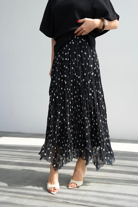 Polka Dots Black Asymmetrical Chiffon Skirt