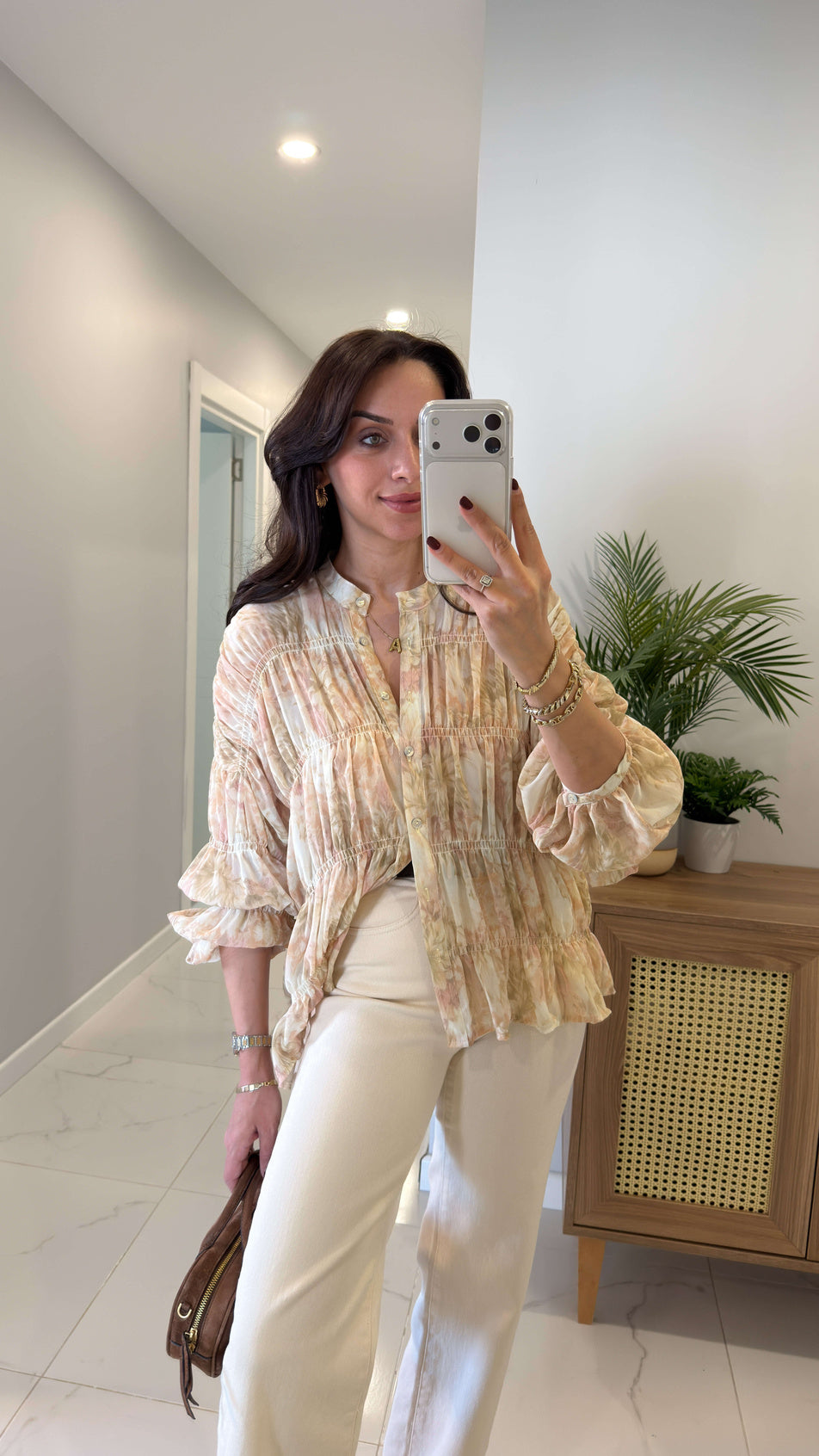 Beige Smocked Chiffon Vintage Blouse