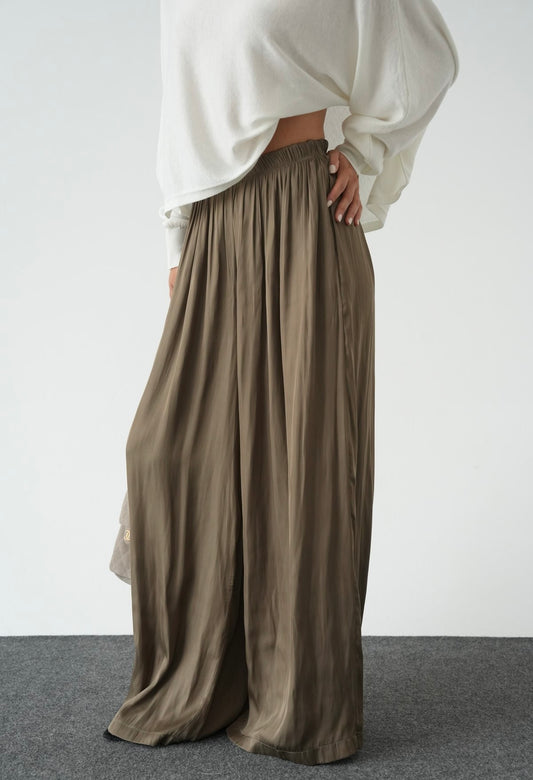 Olive Crinkled Satin Flowy Pants